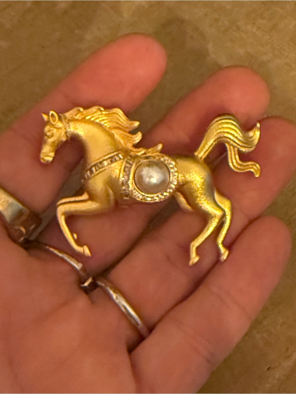 Gold Tone Running Horse Brooch with Faux Pearl Saddle Accent - Picture 2 of 4
